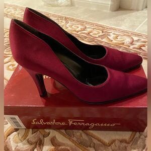 Salvatore Ferragamo red satin pumps